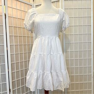 White Puff Sleeve Tiered Linen Dress, size M